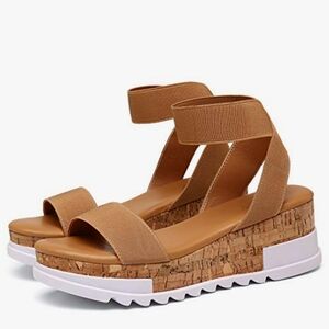 Katliu NWOT Wedge Platform Sandals Elastic Ankle Strap Cork Platform Sandals